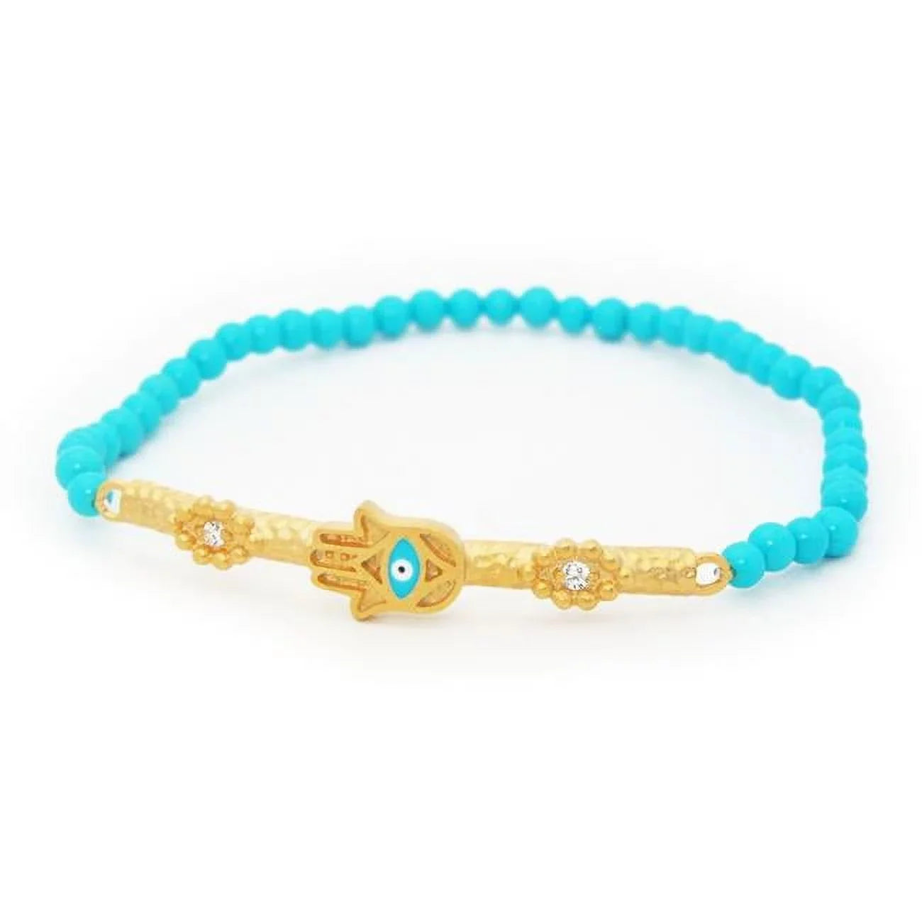Elastic Turquoise & Hamsa Evil Eye Bar Bracelet in Vermeil
