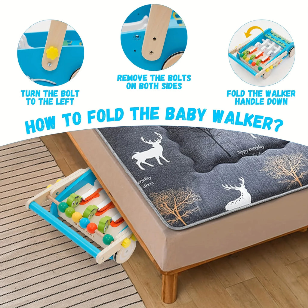 Baby Walker Wooden Foldable Sit-to-Stand Learning Baby Push Walker Kids Activity Center Toddler Push Along Trolley with Fishing Toy Gear for Boys Girls Infants