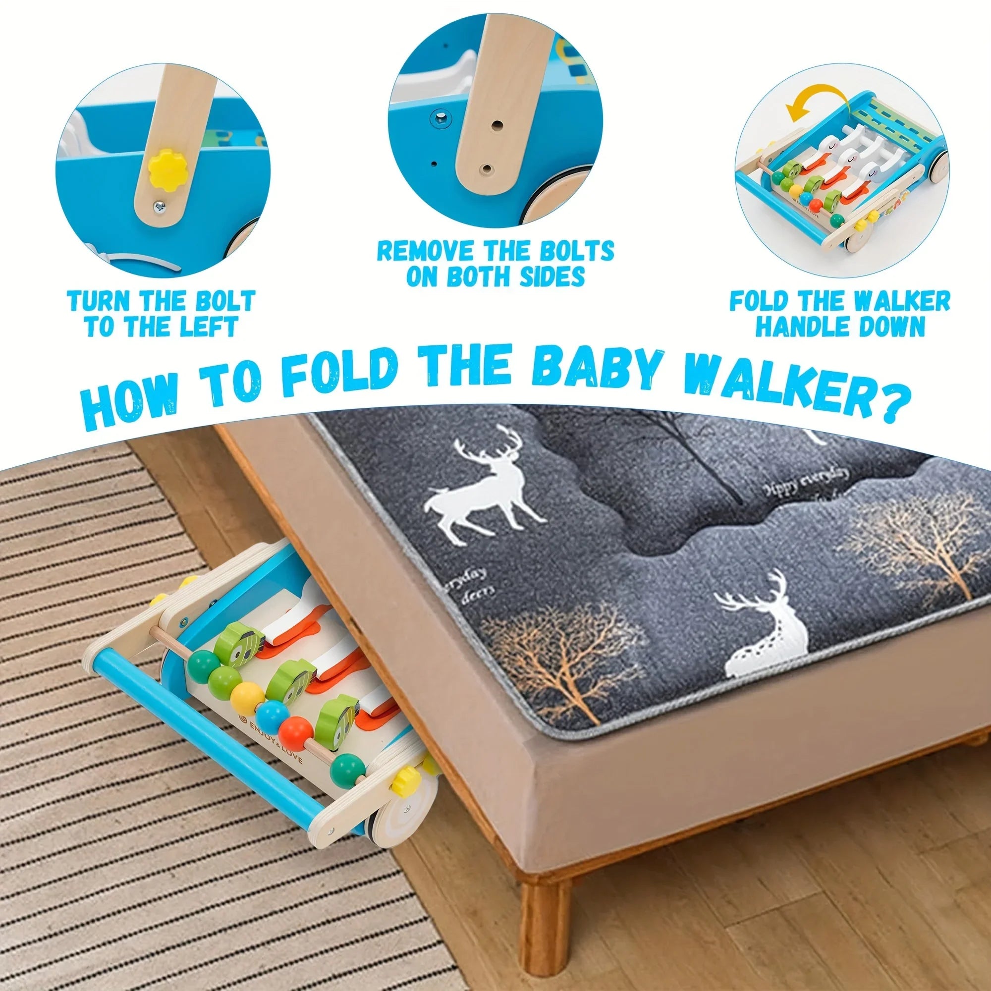 Baby Walker Wooden Foldable Sit-to-Stand Learning Baby Push Walker Kids Activity Center Toddler Push Along Trolley with Fishing Toy Gear for Boys Girls Infants