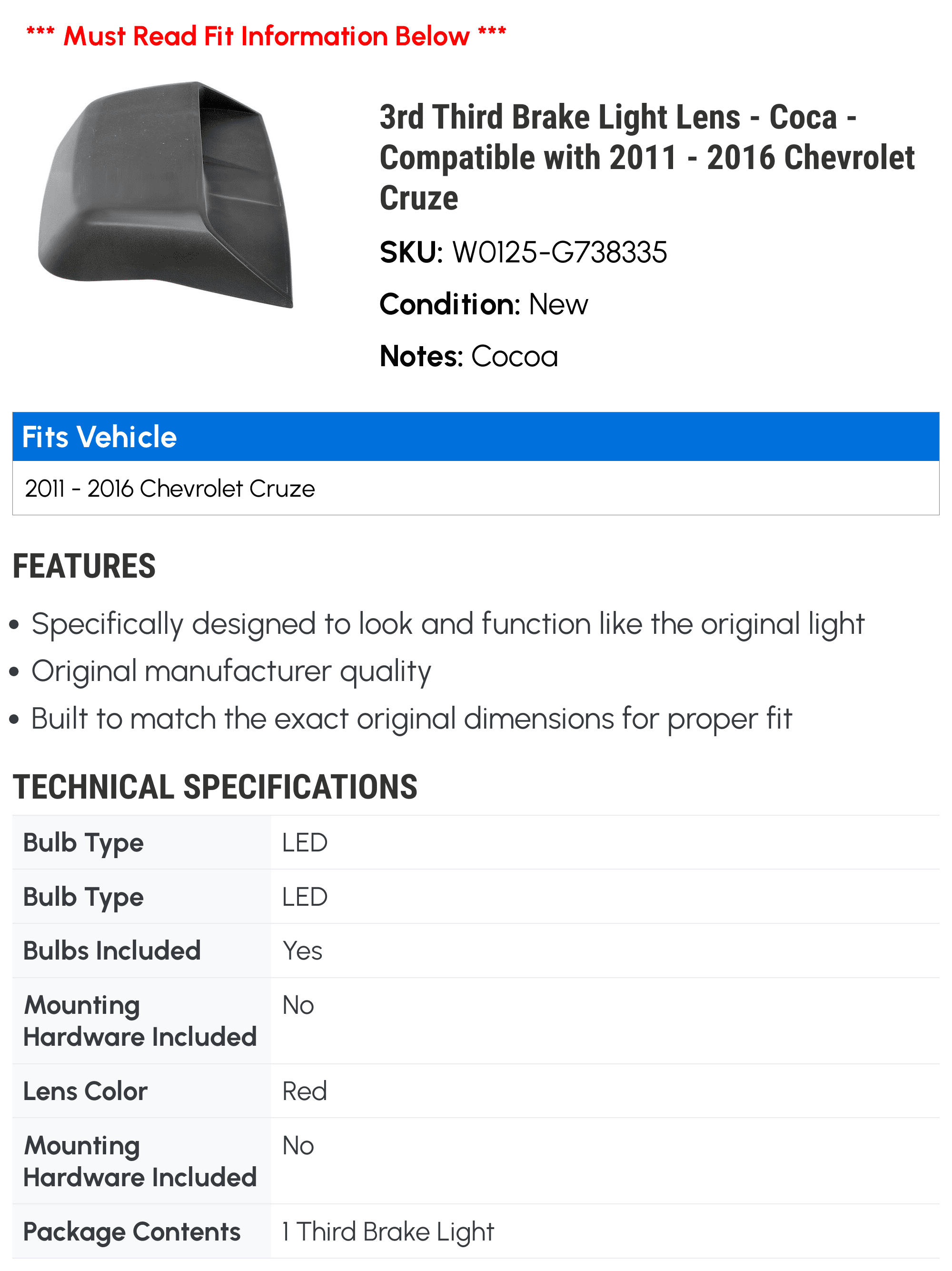 3rd Third Brake Light Lens - Coca - Compatible with 2011 - 2016 Chevy Cruze 2012 2013 2014 2015