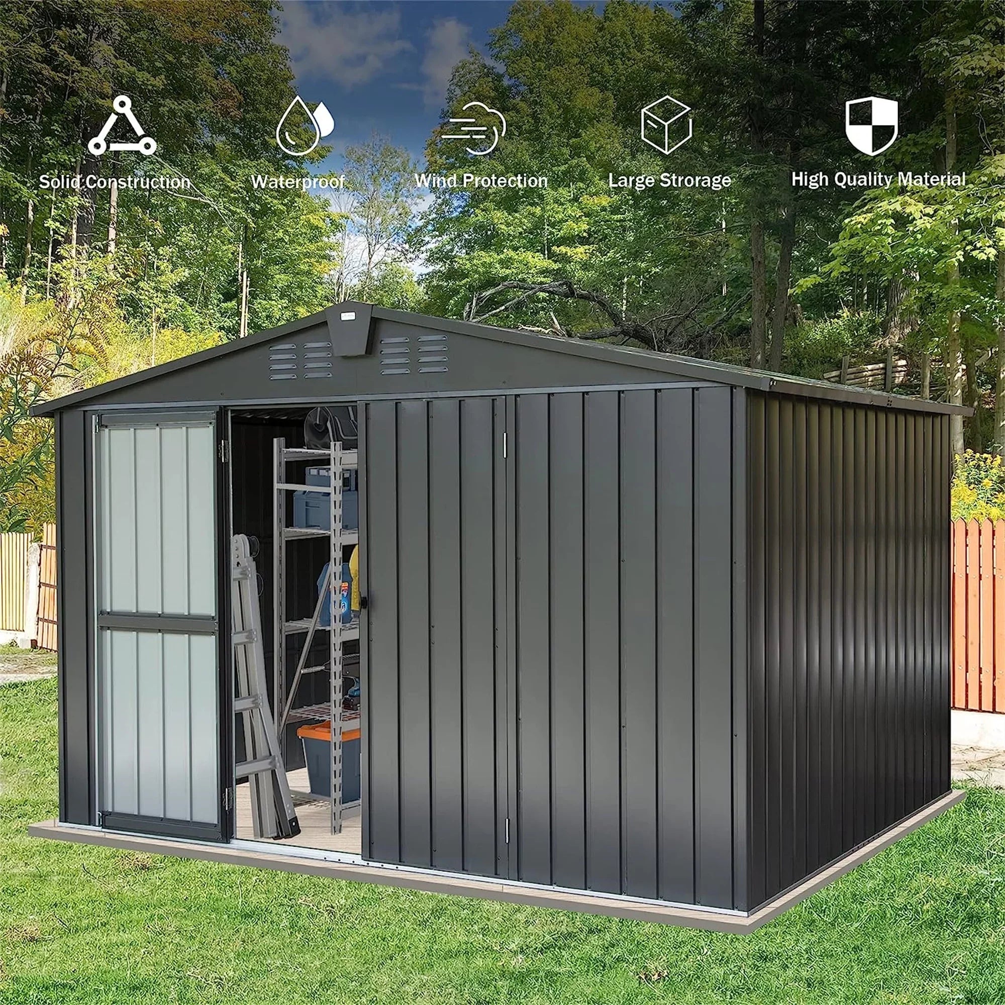 Capri Outdoor Storage Shed 10'x 8', Metal Garden Shed for Bike, Trash Can, Tools, Galvanized Steel Outdoor Storage Cabinet with Lockable Door for Backyard, Patio, Lawn, Black