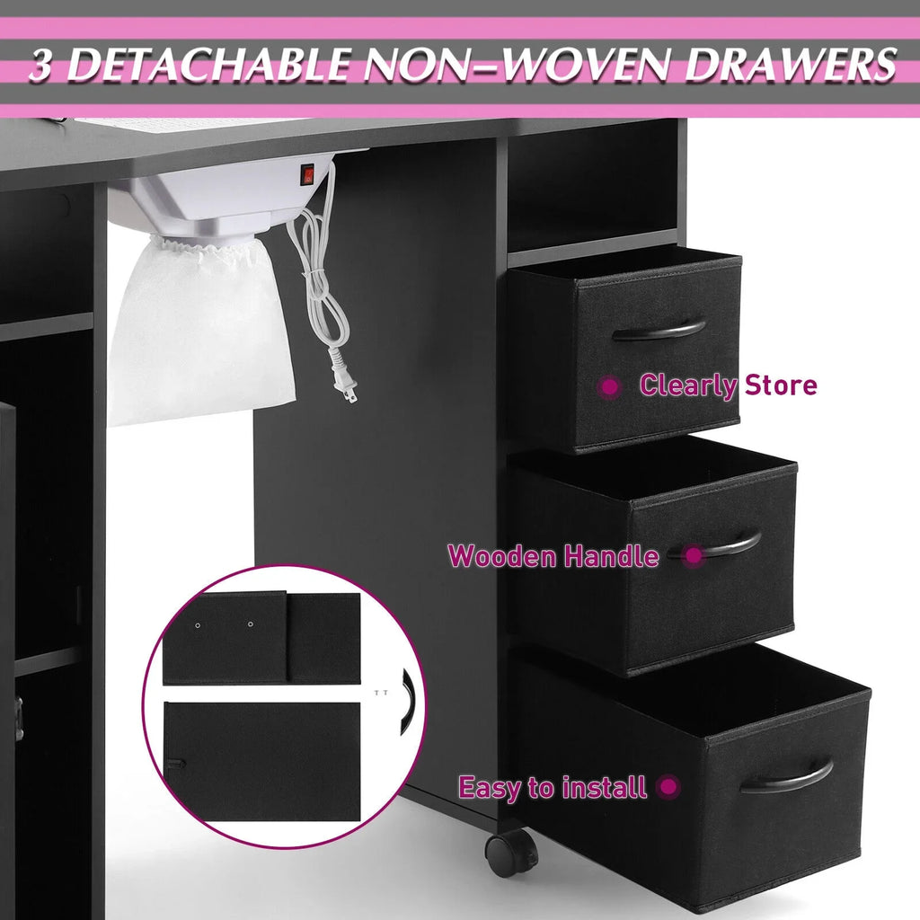 Artist Hand Black Nail Table Manicure Desk Beauty Station with Electric Downdraft Vent, Wrist Cushion, Lockable Wheels, Drawers, Shelves