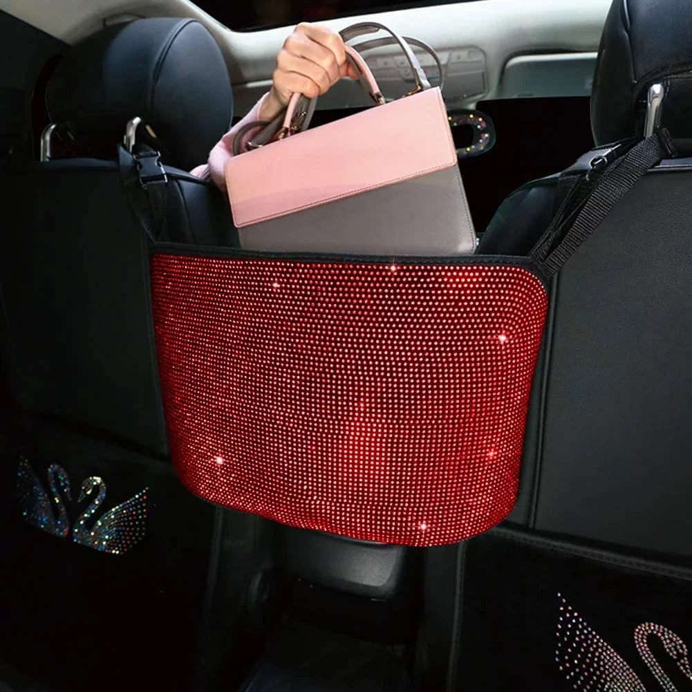 eing Bling Car Handbag Holder Backseat Organizer,Car Net Pocket Between Seat,Back Seat StorageTrash Can,Rhinestones Auto Seat Storage Bag,3-Pack Car Accessories - Plush,Red