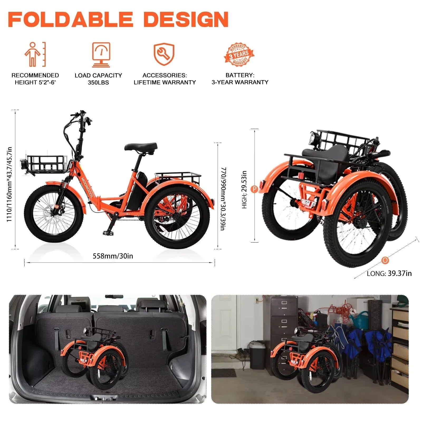 16MPH 500W 48V 14.5Ah 20" Electric Folding Tricycle for Women, Electric Motorized Tricycle Adult, Fat Tire 3 Wheel Electric Bikes, Step-Thru 1-Speed Electric Trike for Senior, Men
