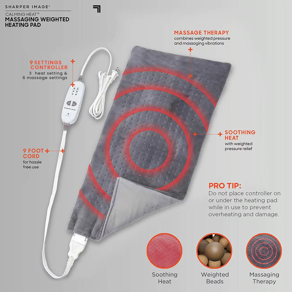 Calming Heat Massaging Weighted Heating Pad by Sharper Image- Weighted Electric Heating Pad with Massaging Vibrations, 9 Settings- 3 Heat, 6 Massage- 18 Relaxing Combinations, 12” x 24”