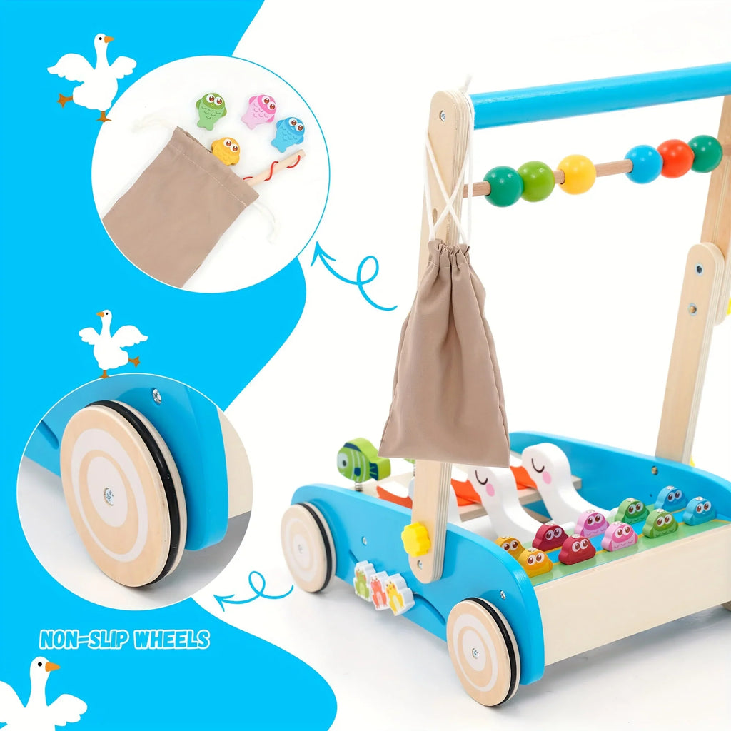 Baby Walker Wooden Foldable Sit-to-Stand Learning Baby Push Walker Kids Activity Center Toddler Push Along Trolley with Fishing Toy Gear for Boys Girls Infants
