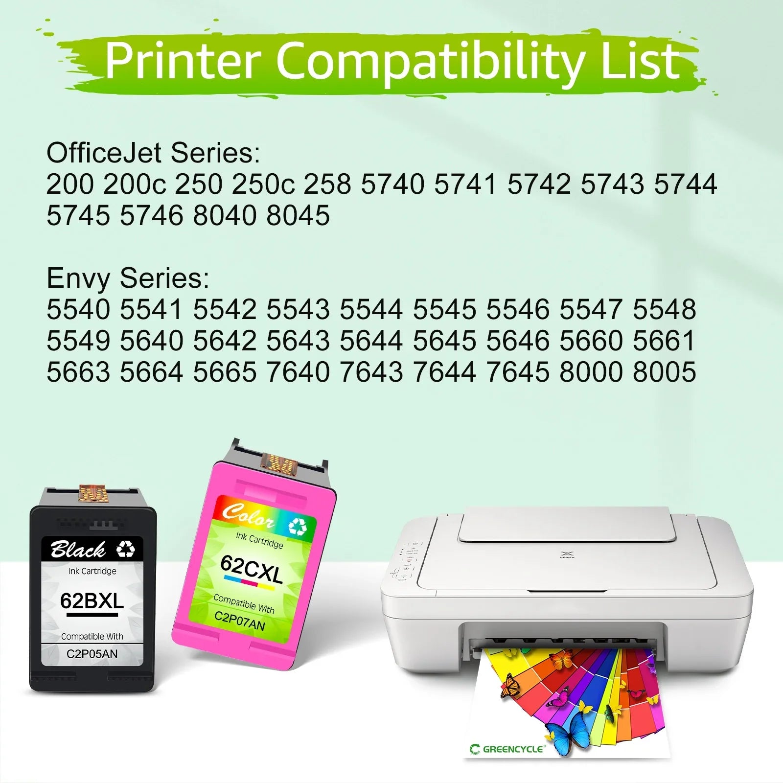62XL Ink Cartridges Replacement for  High Yield 62  Compatible with Envy 5540 5640 5660 7644 7645 OfficeJet 5740 8040 OfficeJet 200 250 (2 Tri-Color)