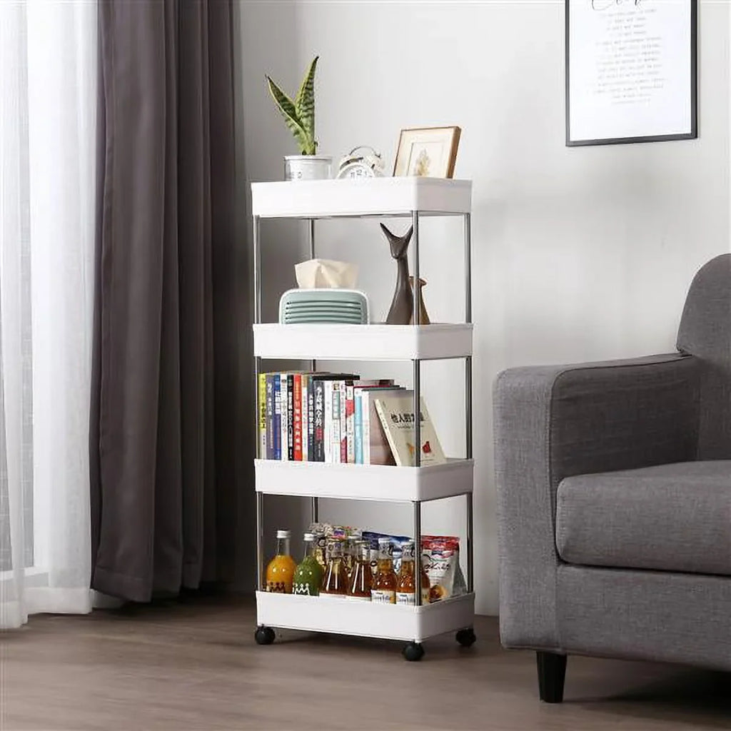 4-Tier Rolling Storage Cart with 4 hooks, Utility Cart with Wheels, for Kitchen, Bathroom, Laundry Room, Plastic and Stainless Steel, White