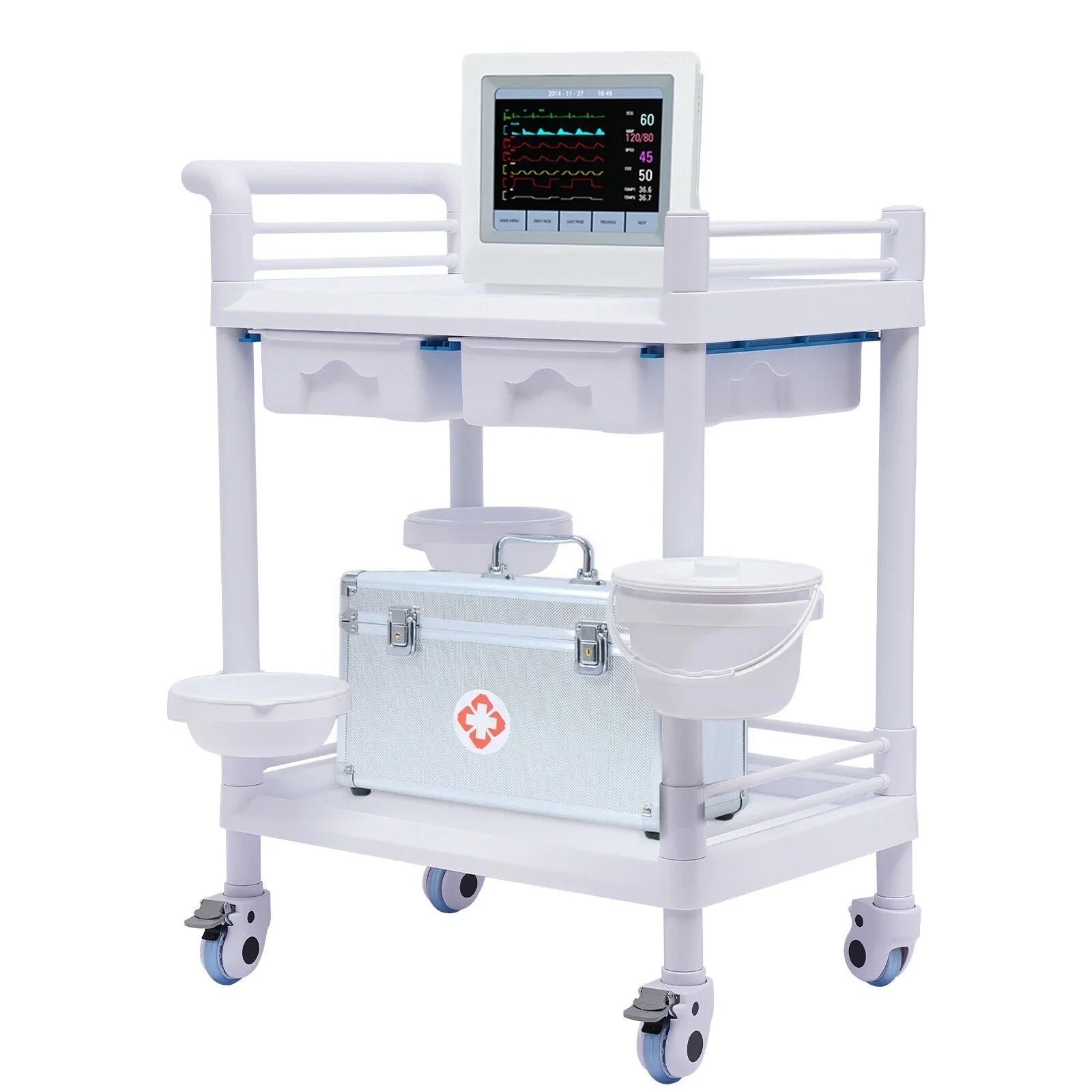 Miumaeov Medical Trolley 2 Tier Spacious Beauty Salon Rolling Trolley with Dirt Buckets Drawers 360°Rotate Wheels Heavy Duty Medical Utility Cart for Hospital Dental Clinic