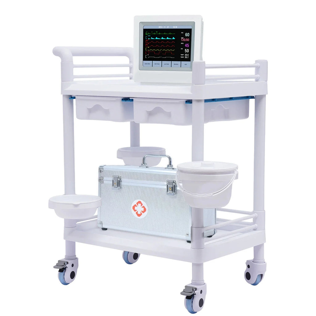 2 Tier Rolling Beauty Spa Trolley Cart, Mobile Utility Cart Trolley Spacious Spa Beauty Salon Rolling Trolley with 360°Rotate Wheels for Hospital Dental Clinic Beauty Salon