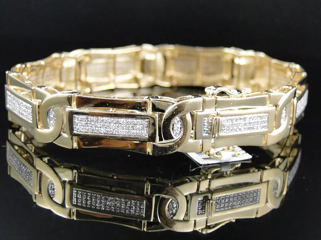 Mens Pave Set 14K Yellow Gold Round Cut Genuine Diamond 8.5 Inch Bracelet 3 Ct
