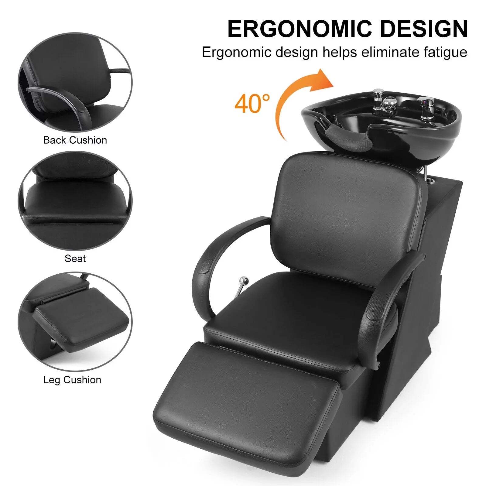 Artist Hand Black Shampoo Bowl and Chair Backwash Sink Salon Spa Beauty Tattoo with Adjustable Ceramic Bowl, Footrest