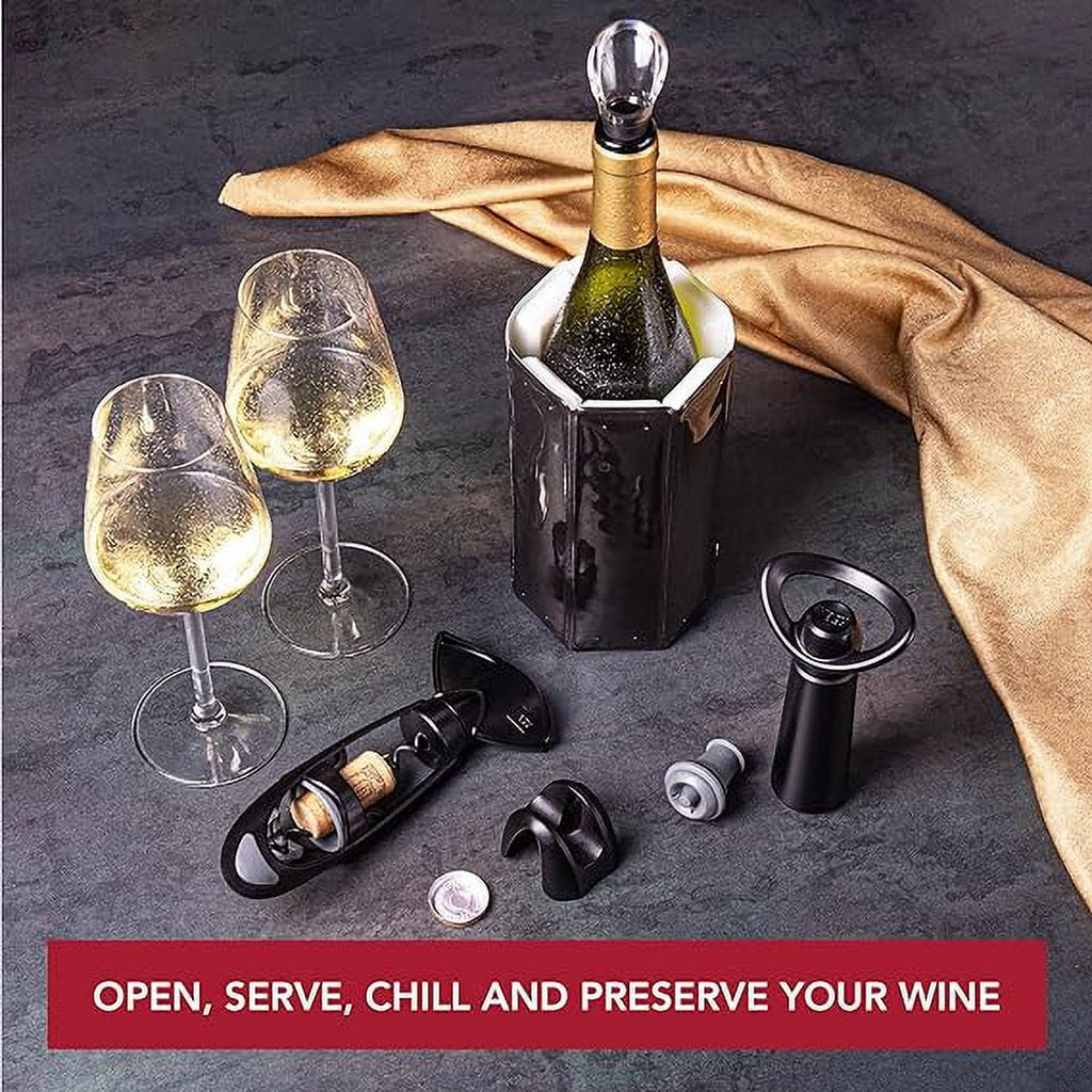 Vacu Vin Wine Set Original Plus- 6pc Wine Must Haves - Includes Foil Cutter - The Corkscrew Twister - Active Cooler Wine - Wine Server Crystal - Wine Saver Concerto and Vacuum Wine Stopper