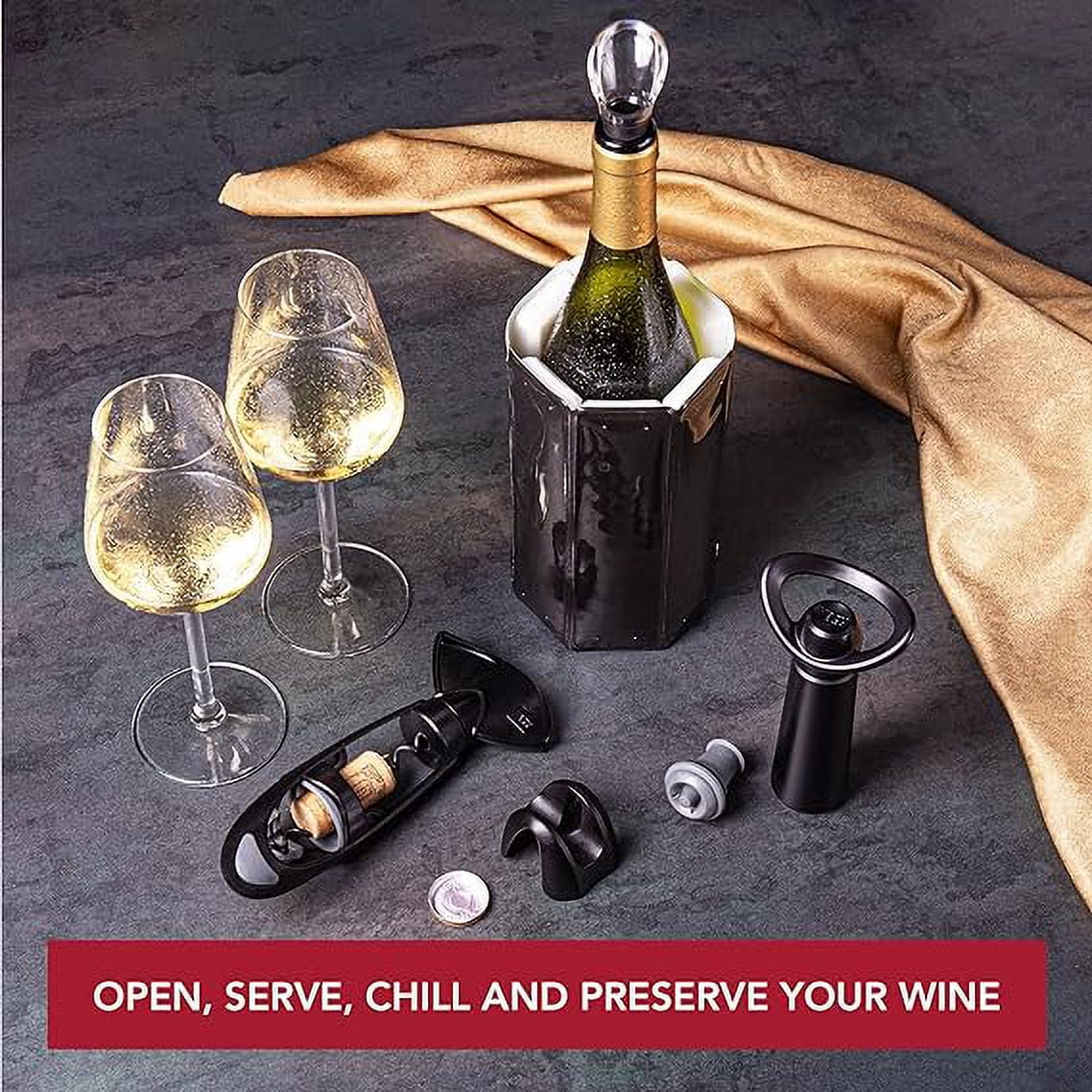 Vacu Vin Wine Set Original Plus- 6pc Wine Must Haves - Includes Foil Cutter - The Corkscrew Twister - Active Cooler Wine - Wine Server Crystal - Wine Saver Concerto and Vacuum Wine Stopper