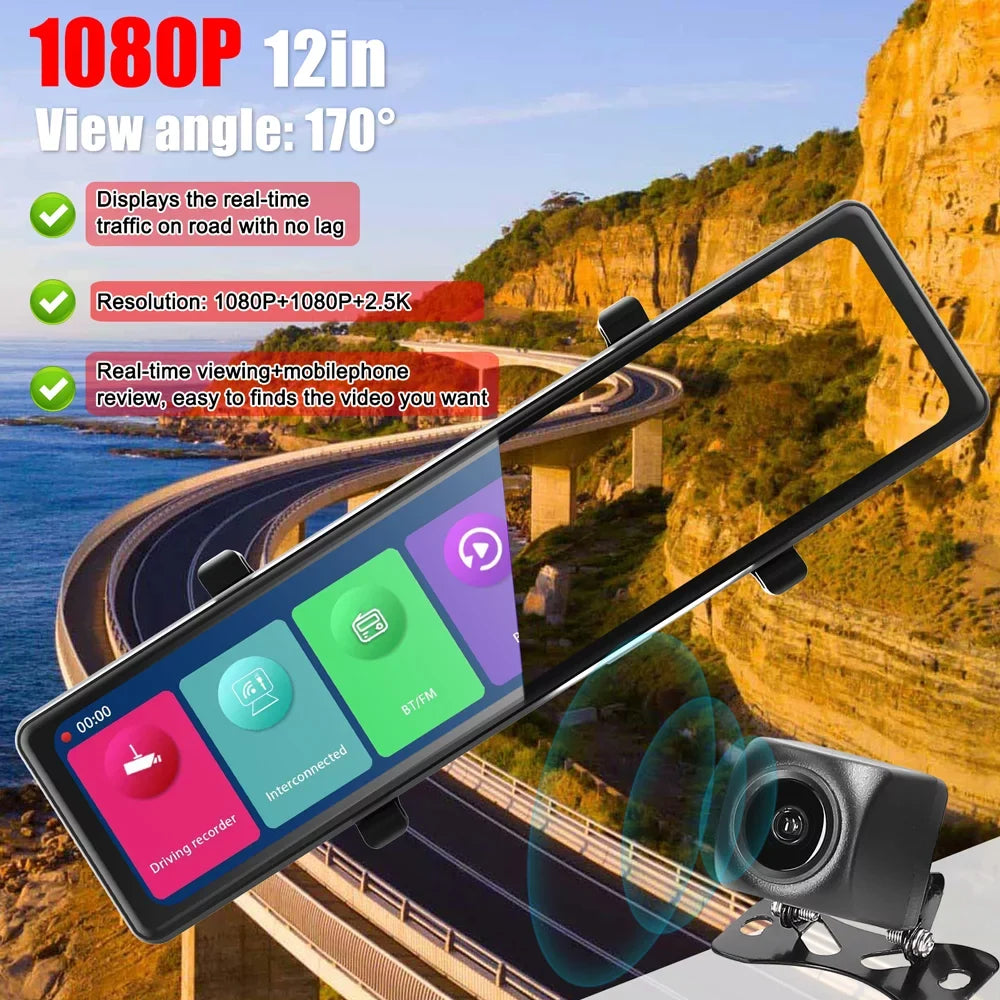 GoolRC Dash Camera,Dash Cam 3 Cameras Mirror Bt Car Bt Car Video 2.5k Clear Car Cam 12in 2.5k Car Camera 12in 2.5k Clear Rearview Mirror Bt Touched Screen Car Rearview Mirror Cameras 12in Touched