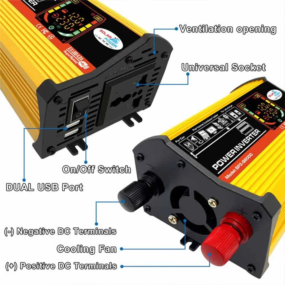 6000W Car Power Inverter Reted 500W - Modified Sine Wave Intelligent Digital Display 2  Ports Fast Charging Auto Charger Converter Adapter