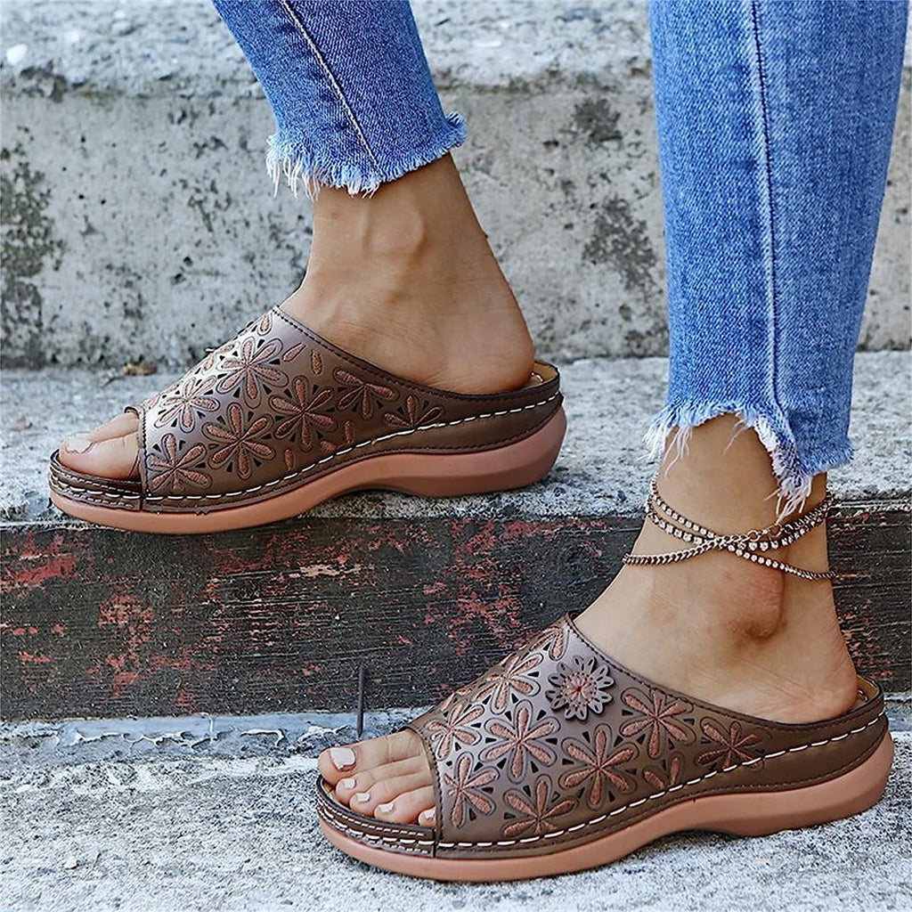 Sandals Women Fashion Floral Hollow-Out Orthopedic Flip Flops Arch Support Slippers Comfy Roman Open Toe Sandal