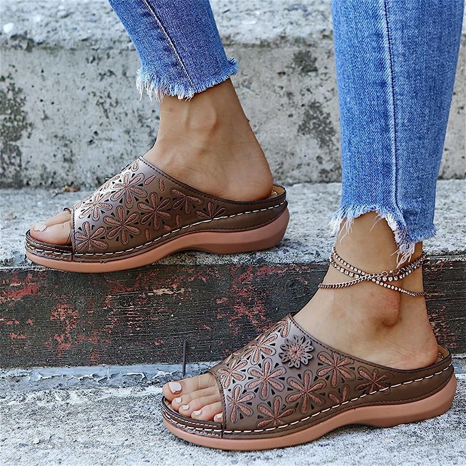 Sandals Women Fashion Floral Hollow-Out Orthopedic Flip Flops Arch Support Slippers Comfy Roman Open Toe Sandal