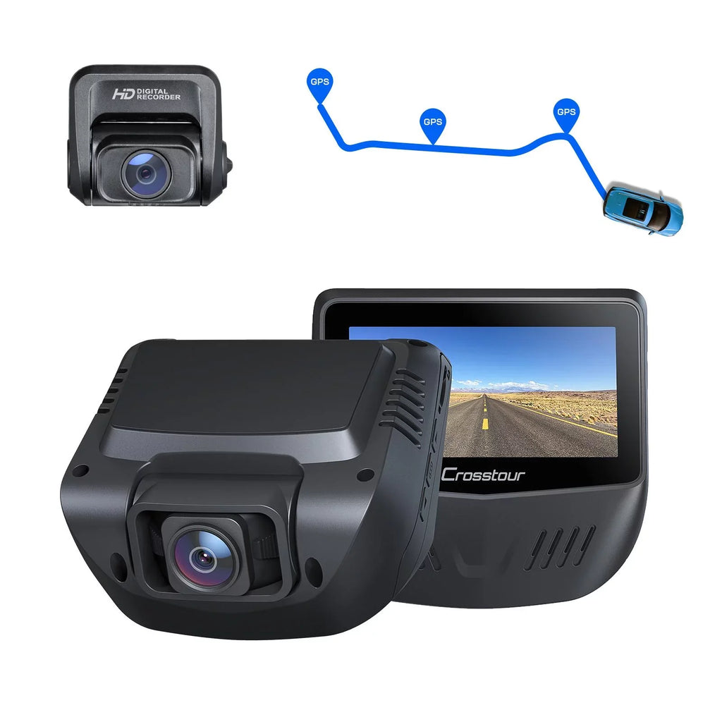 Crosstour Dash Cam,1080P Front and Rear 3”Car Security Camera,External  Supported,Sony Sensor,128GB Max,Black