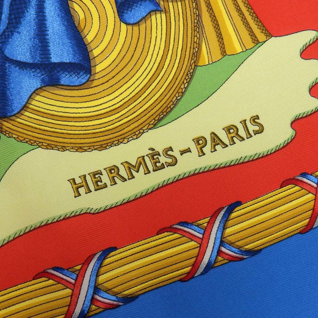 Pre-Owned Hermes Carre 90 Scarf Silk Blue Red Pattern Commemorating the French Revolution (Like New)