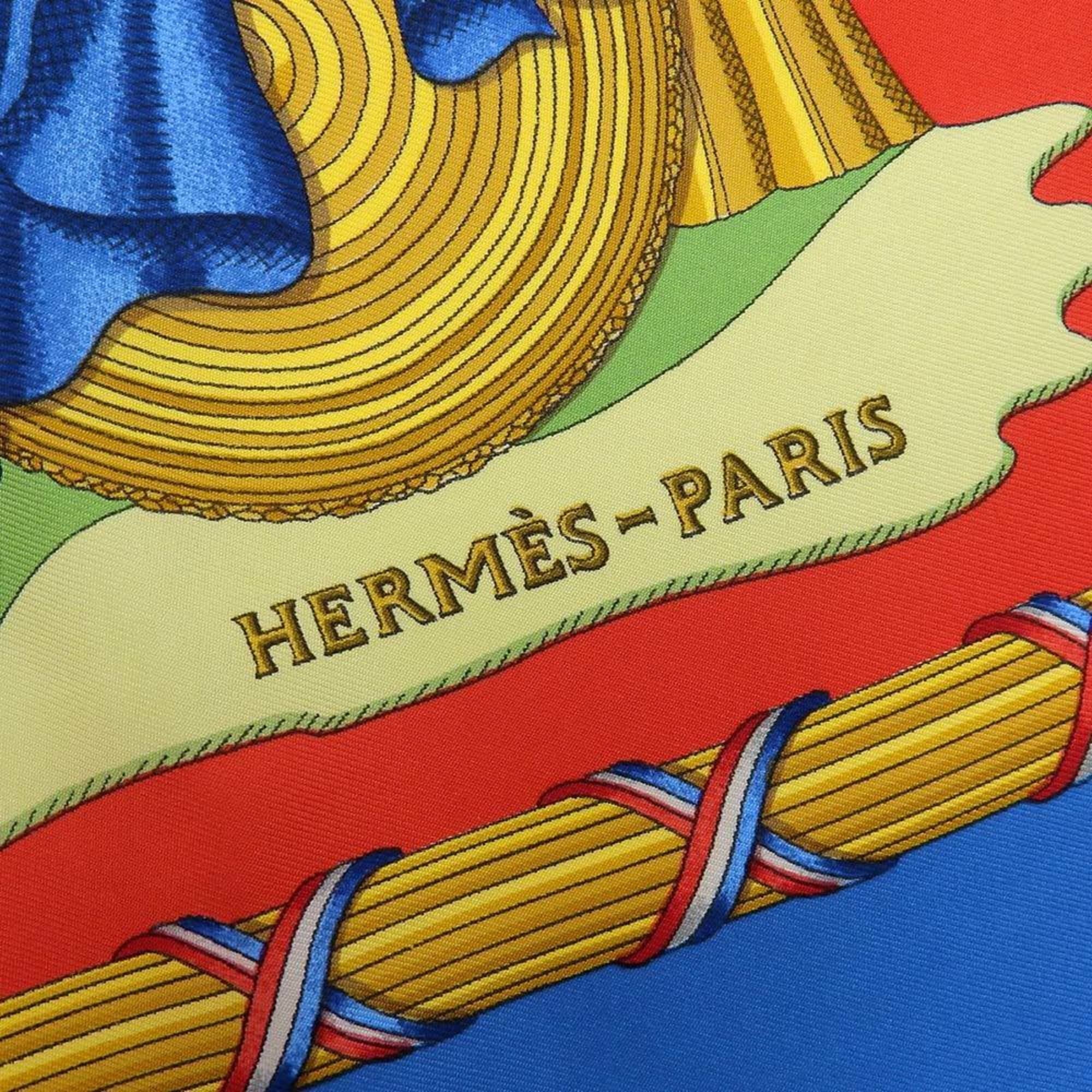 Pre-Owned Hermes Carre 90 Scarf Silk Blue Red Pattern Commemorating the French Revolution (Like New)