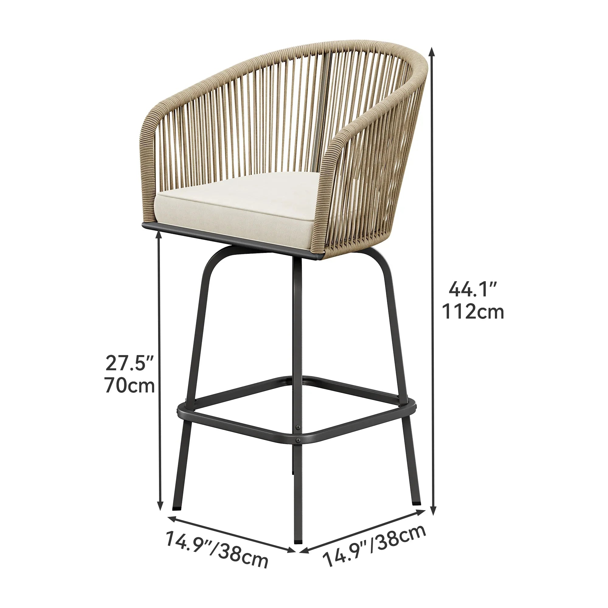 Dextrus Set of 4 Swivel Woven Patio Bar Stools, Outdoor Bar Chairs with Comfortable Back Cushions for Backyard Pool Area, Garden with 360-Degree Rotation (Light Yellow and Beige Color Scheme)