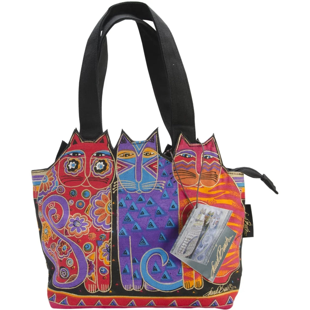 Laurel Burch Medium Tote Zipper Top 12".5".5"-Tres Gatos - Red, Orange & Blue