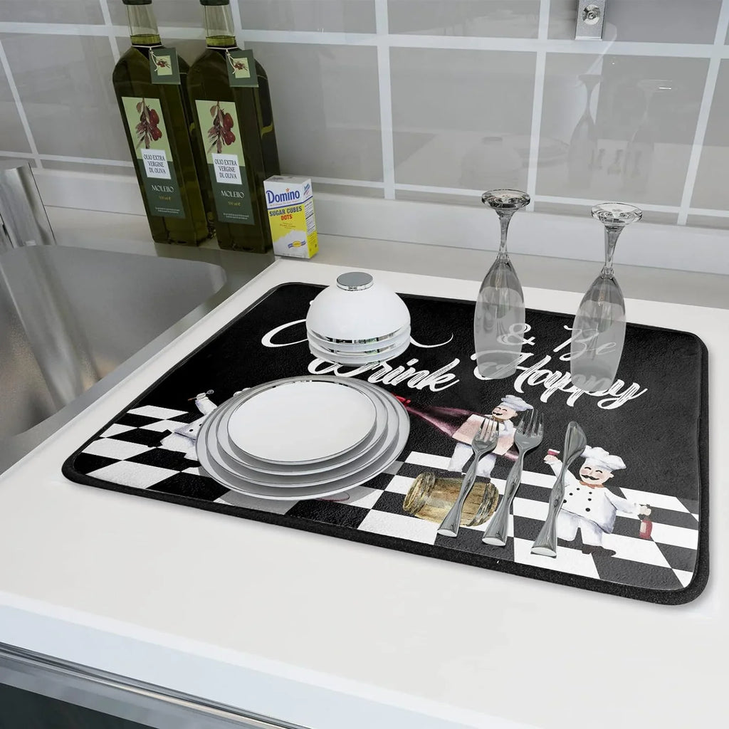 Wellsay Bistro Fat Chef Dish Drying Mat 18x24 Anti Fatigue Wine Plump Italian Red Glass Drainer Mat Black White Chubby Pasta Cook Check Dishes Pad Buffalo Plaid Dish Drainer Rack Mats Kitchen Decor