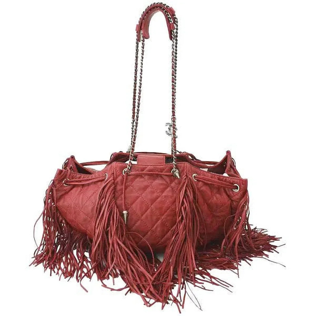 Pre-Loved  Paris Dallas Drawstring Fringe Leather Shoulder Bag Red