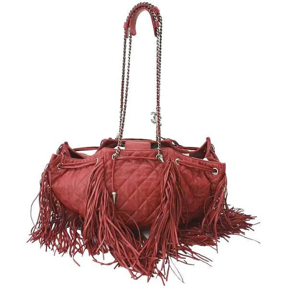 Pre-Loved  Paris Dallas Drawstring Fringe Leather Shoulder Bag Red