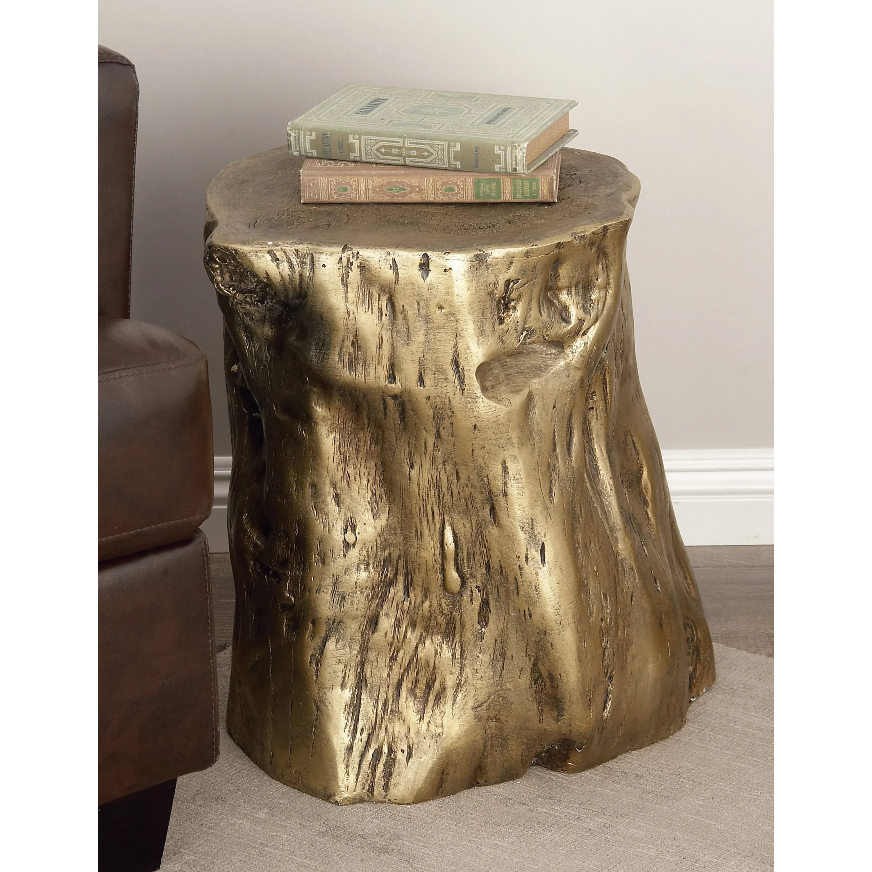 DecMode Eclectic Gold Chopped Tree Log Inspired Accent Table, 18" x 19" with Gold Carved Wood Grain Finish