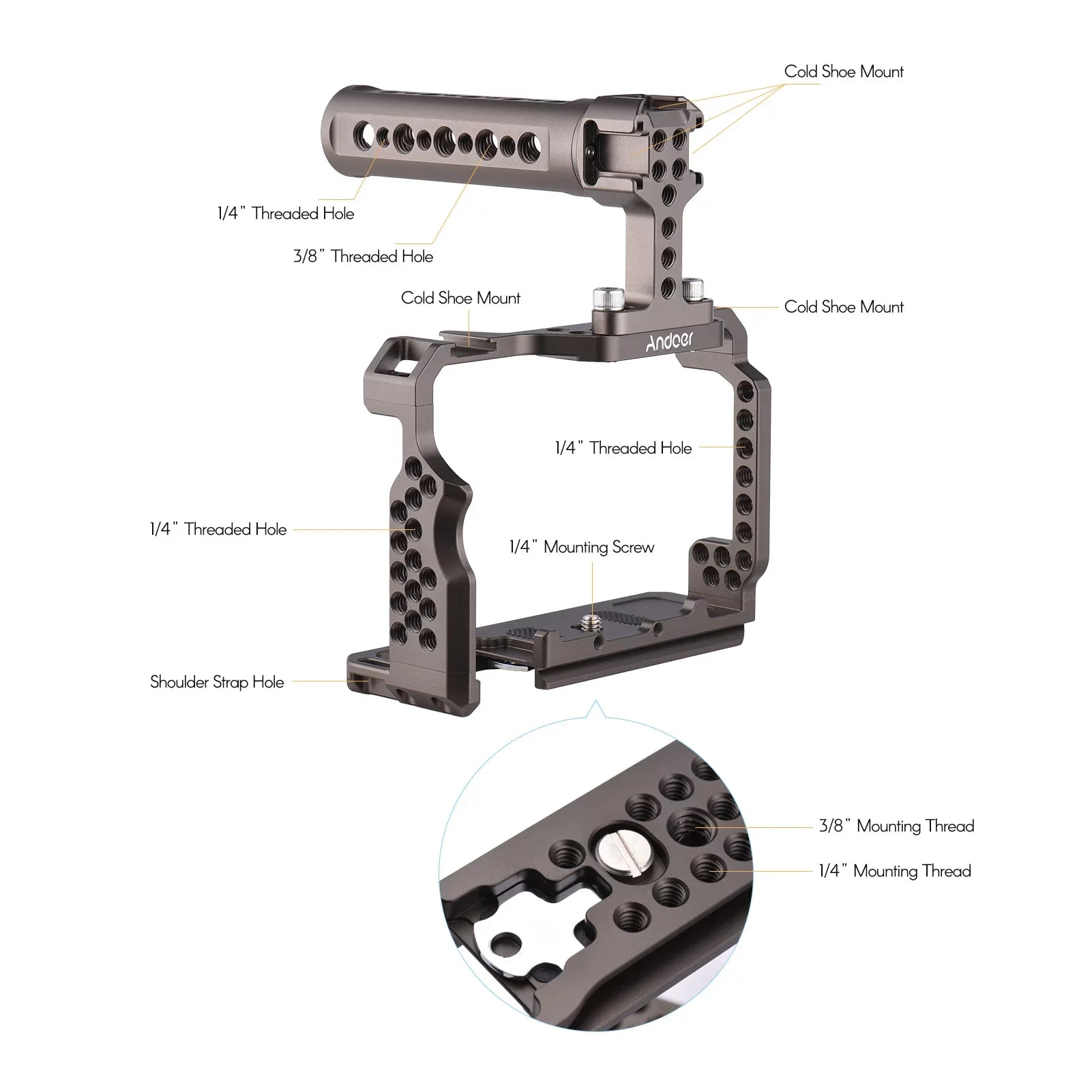 Andoer Aluminum Alloy Camera Cage Kit with Video Rig Handle Grip Replacement for Sony  /  /