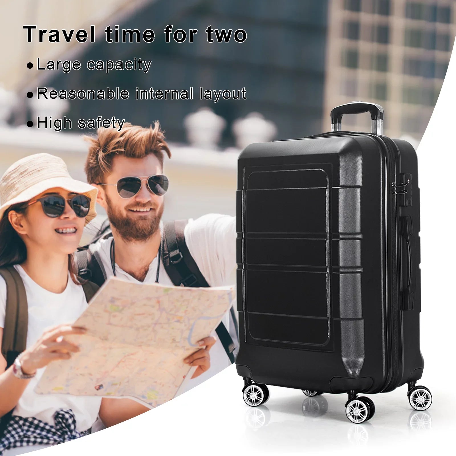 3 Pcs Hardside Luggage Set, with  Lock and 20"/24"/28" Luggage Bags, Black