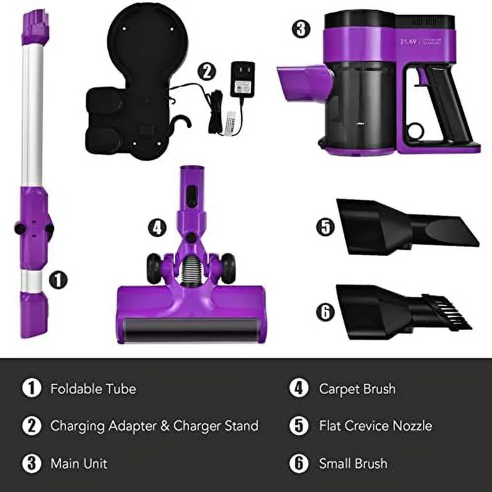 Cordless Vacuum Cleaner, 3-In-1 Handheld Stick Vacuum With 45-Minute Runtime & 2000Mah Rechargeable Battery, Wall-Mounted Lightweight Vacuum For Car, Pet Hair, Hard Floor & Carpet (Purple)