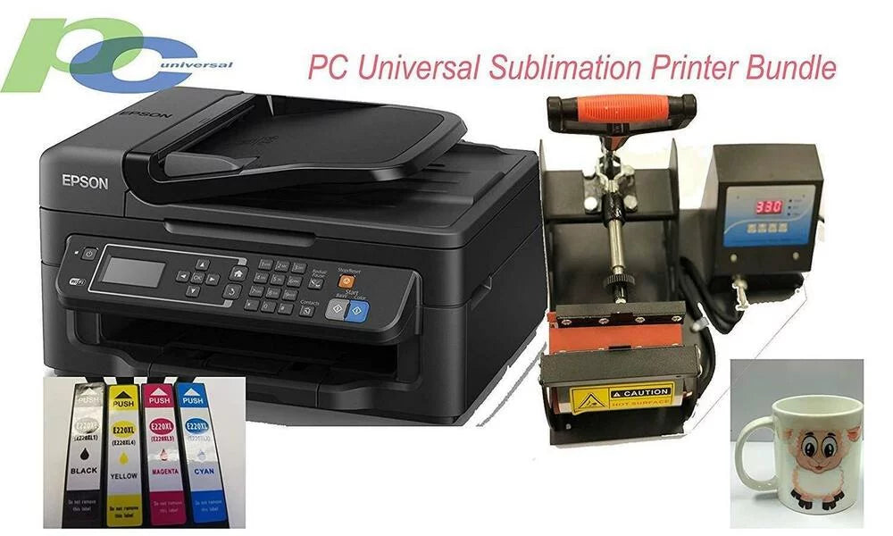 Universal Sublimation Professional Bundle with Printer, Heat Press Machine & Assorted Mugs, Heat Tape, 2 sets Cartridges & 100 sheets Premium transfer paper