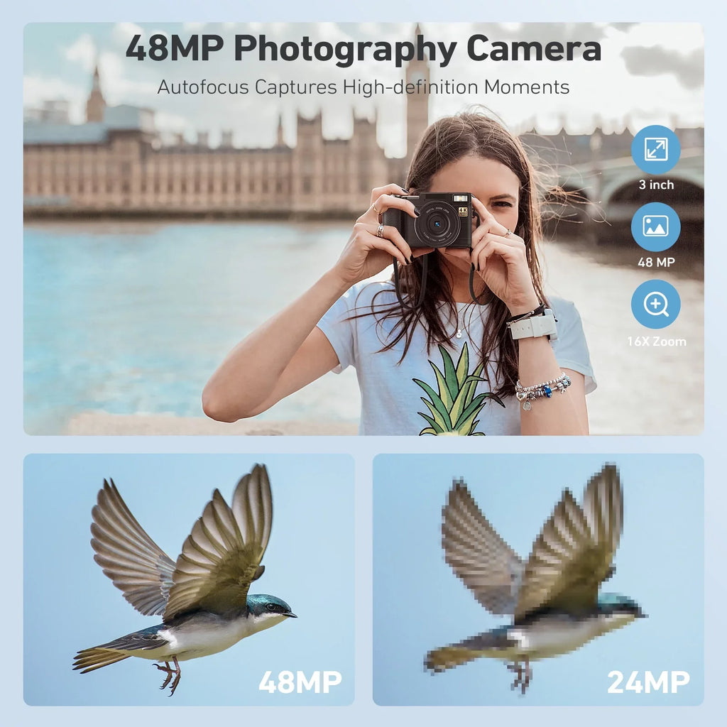 Digital Camera 4K Vlogging Camera for YouTube 48MP 16X Digital Zoom with Macro Function & Liftable Flash, Photography Camera 3’’ 180°Flip Screen
