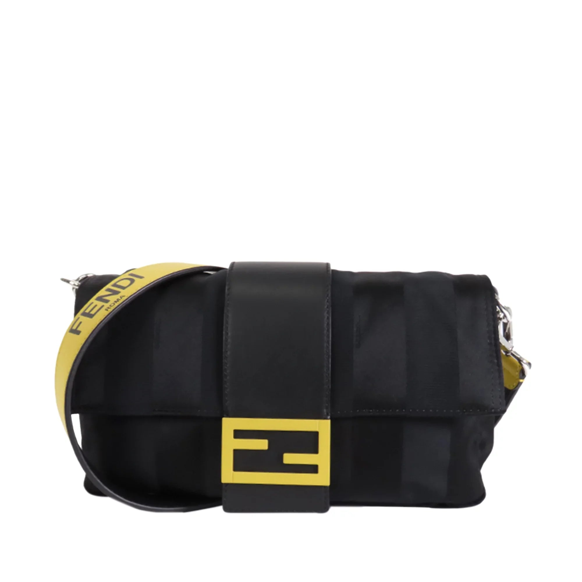 Pre-Owned Authenticated Fendi Stripes Convertible Baguette Nylon Fabric Black Satchel Unisex (Good)