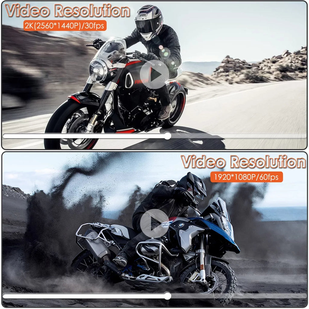 Dual 2K 30fps/1080P 60fps Motorcycle Camera, All Waterproof Dash Cam 2''  Front and Rear 150° Wide Angle with Wired Remote, Wi-Fi, ,  and Race Mode, Max up to 256GB