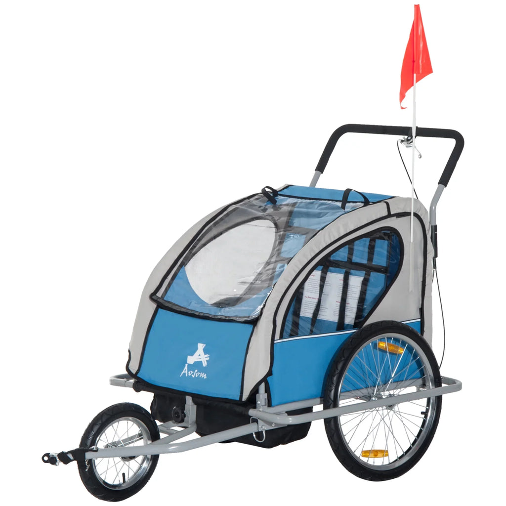 Aosom Elite 2-In-1 Double Child Two-Wheel Bicycle Cargo Trailer And Jogger With 2 Safety Harnesses - Blue