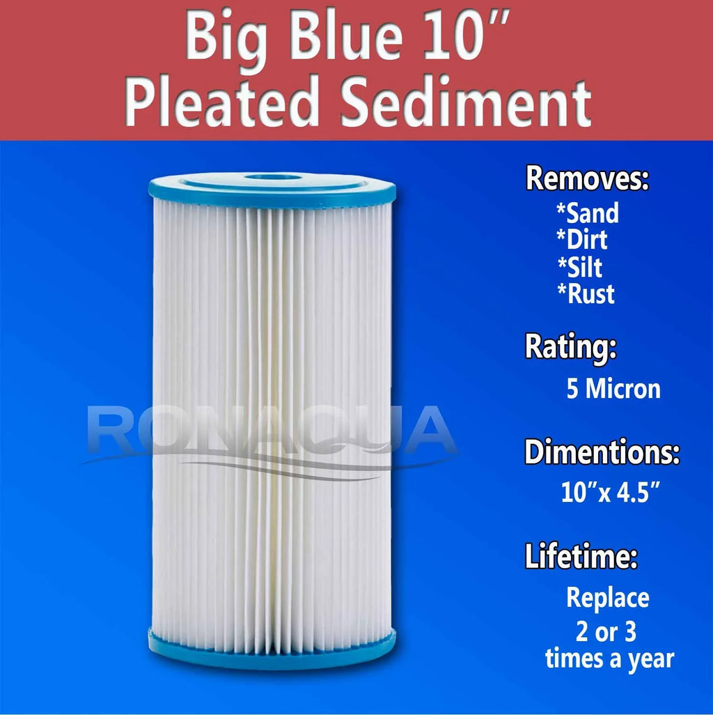 Big Blue Pleated Washable & Reusable Sediment Filter 5 Micron Amplified Surface Area, Removes Sand, Dirt, Silt, Rust, Extended Filter Life for 10" Big Blue Housing by Ronaqua (Set of 4)