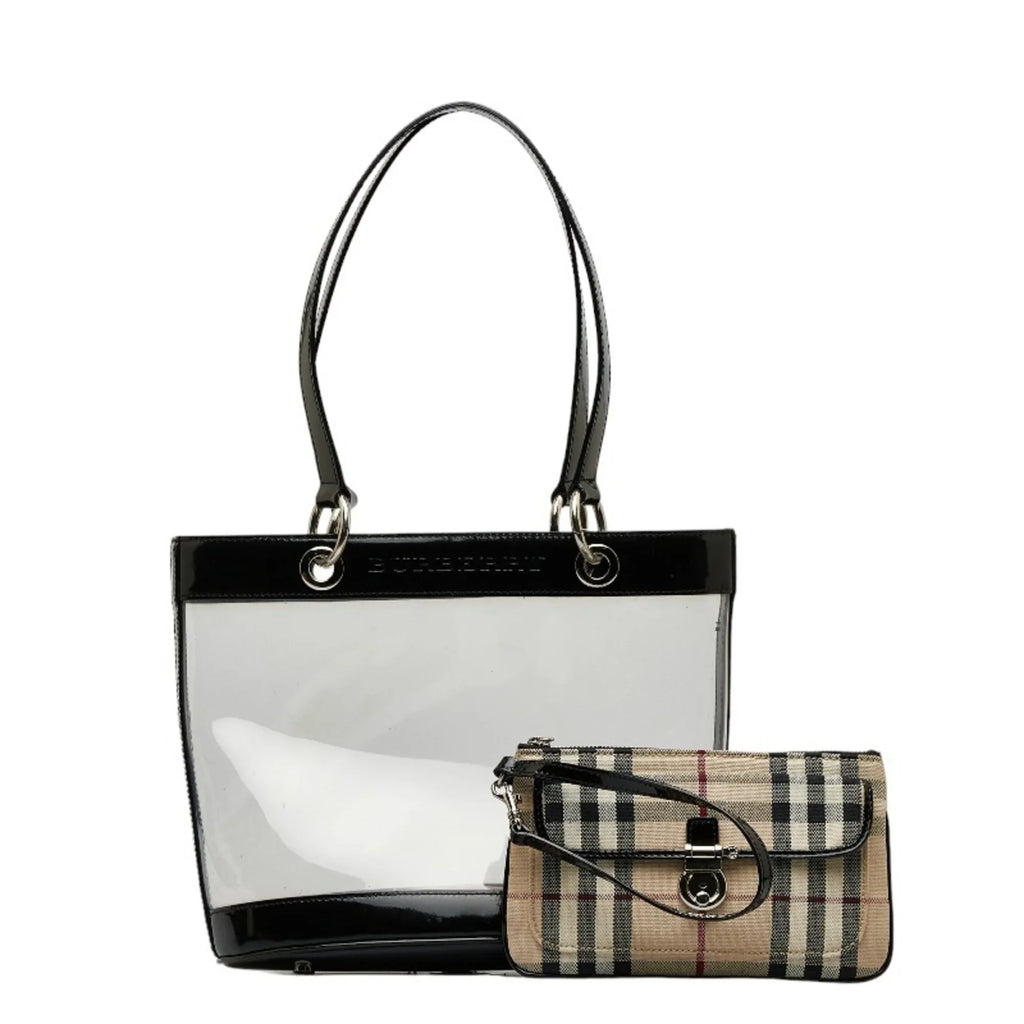 Pre-Owned Burberry Nova Check Embossed Clear Bag Handbag Tote Beige Black Vinyl Leather Canvas Ladies  (Good)