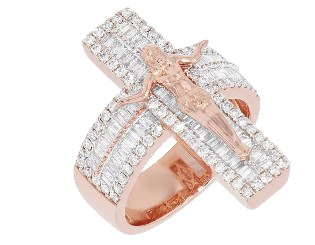 'Jesus on Cross' Baguette 1.86  Diamond Pinky Ring Gold