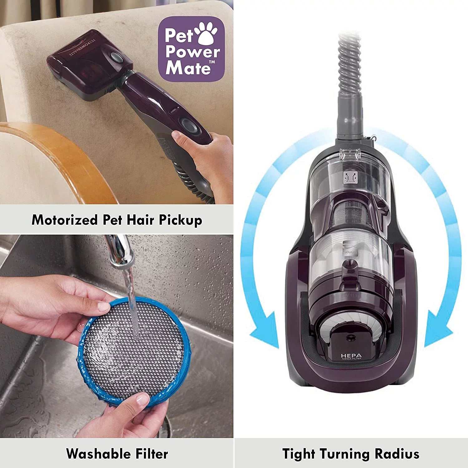 Friendly Lightweight Bagless Compact Canister Vacuum, , Extended Telescoping Wand, Retractable Cord and 2 Cleaning Tools, Pet PowerMate + 2 Motor Power, Purple
