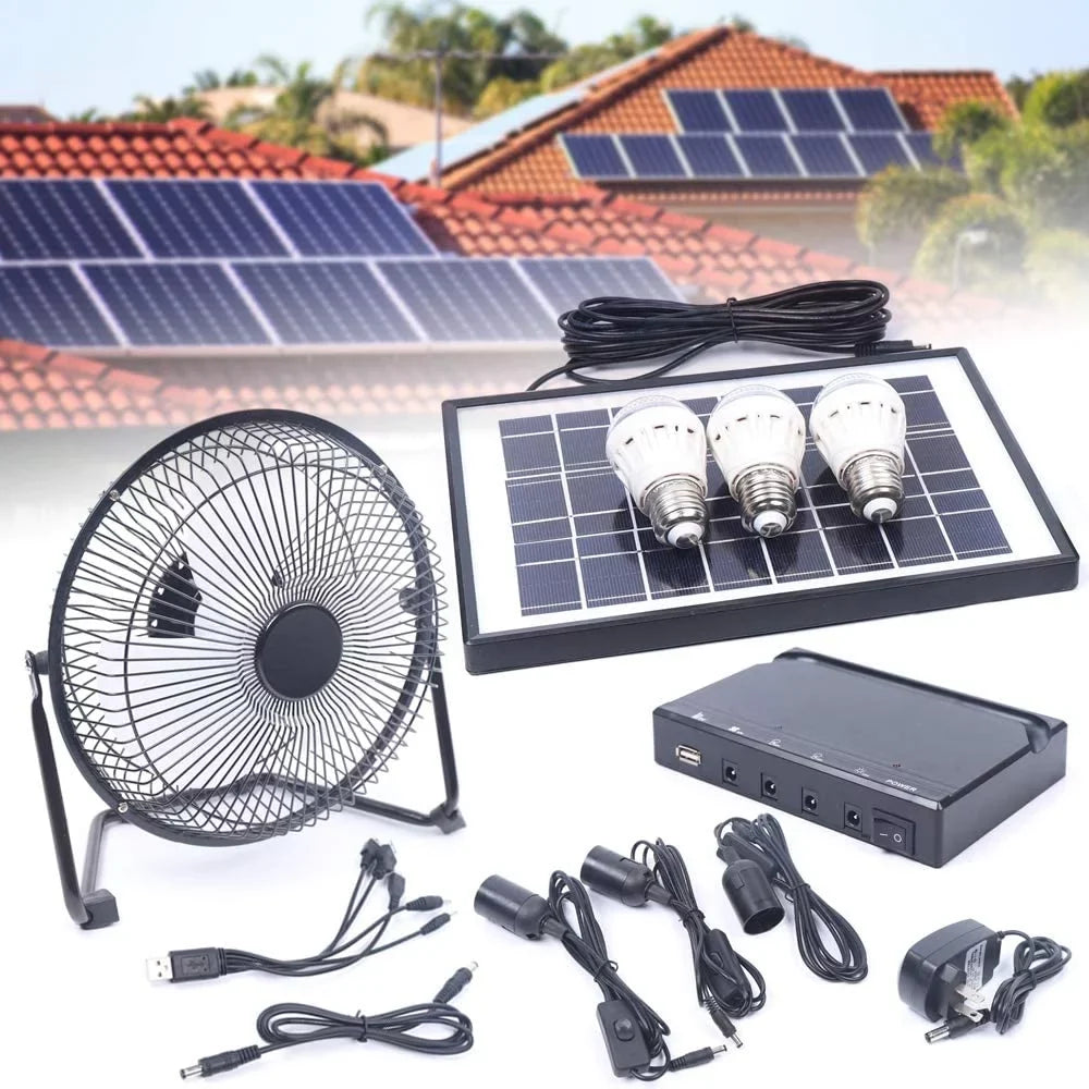 Miumaeov 8 Inch Solar Powered Fan, Portable Solar Powered Panel+Fan+3x1W 12V Bulbs with Adapter for Ventilation Caravan Camping Home Office Outdoor Traveling Fishing