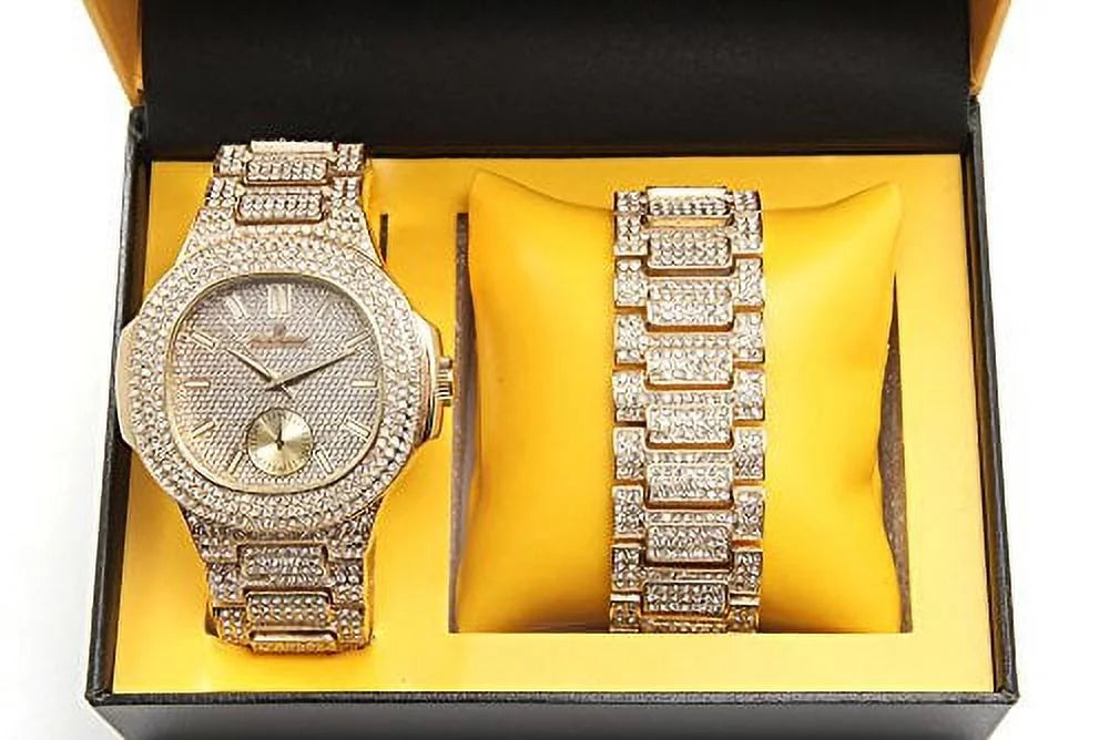 Bling-ed Out Oblong Case Metal Mens Watch w/Matching Bling-ed Out Bracelet Set - 8475B (Gold/Gold)