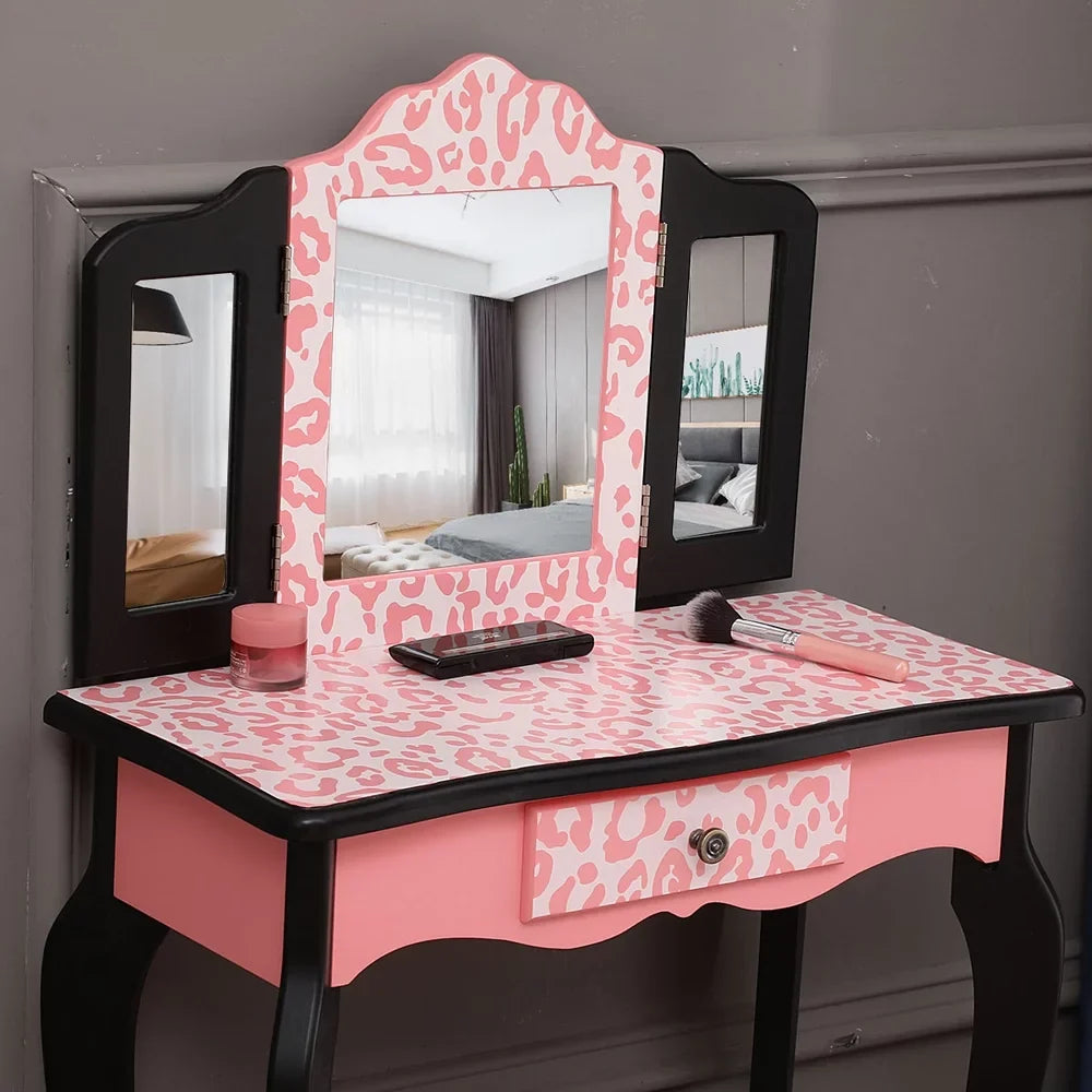 Topcobe Vanity Table Set with Mirror for Girls, 2 Drawers Makeup Table with Removable Desk Makeup Organizer, Pink Bedroom Dressing Table with Vanity Stool