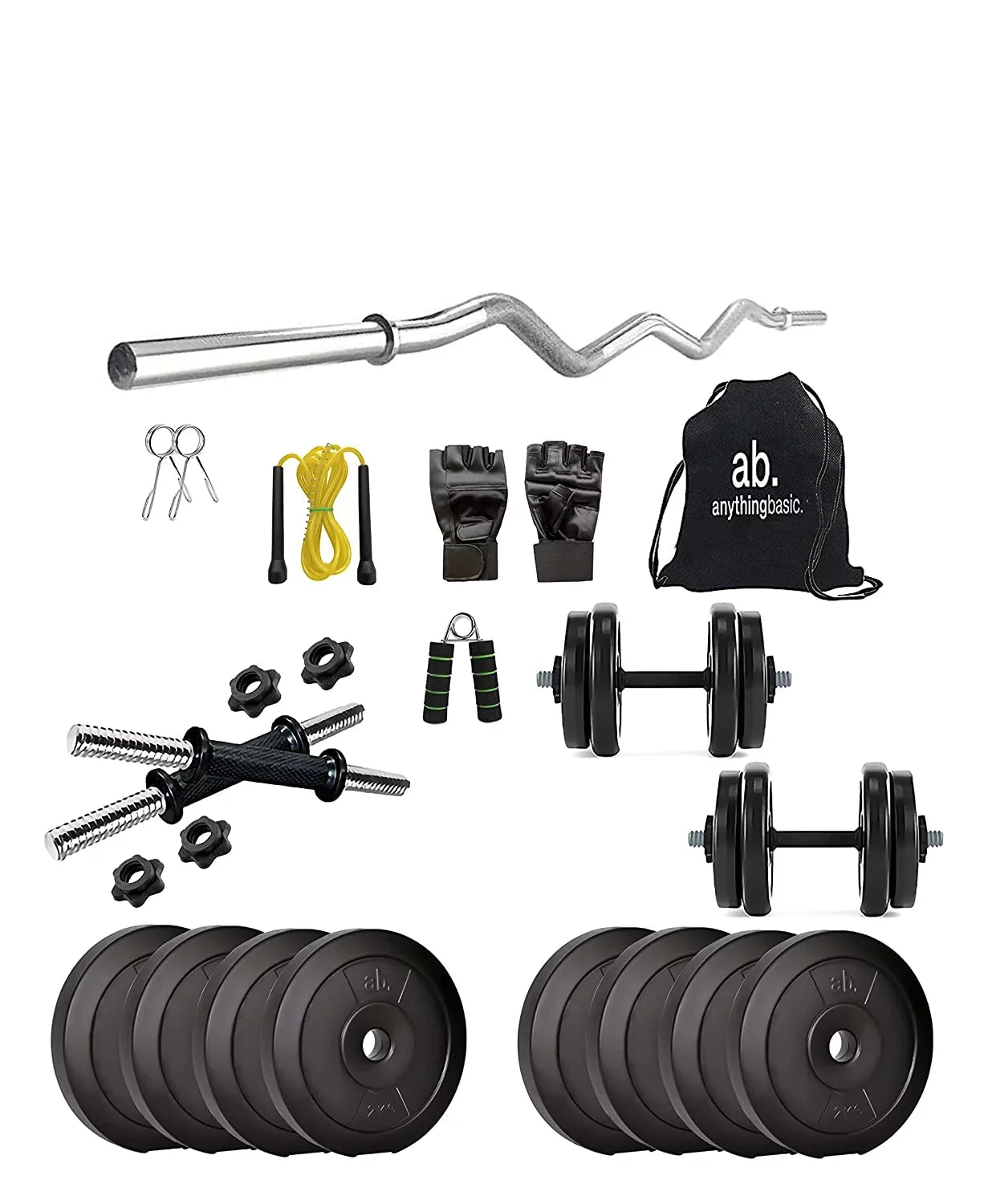 anythingbasic.  18 Kg Home Gym Set with One 3 Ft Curl and One Pair Dumbbell Rods with Gym Accessories, Black