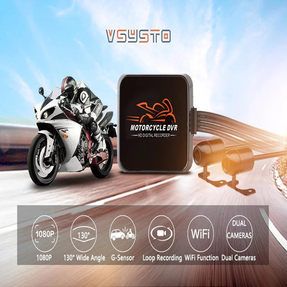 1080P No Screen Motorcycle Dash Cam, WiFi Night Vision 130° Wide Angle Front & Rear Camera 2 Channels Video Driving Recorder, Loop Recording, -sensor
