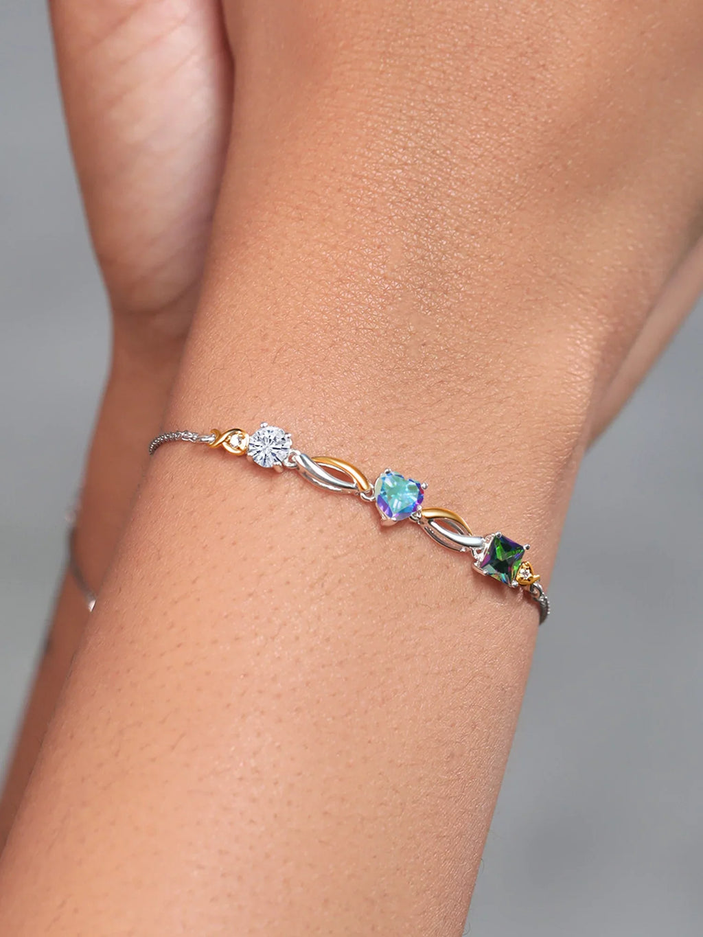 925 Silver and 10K Yellow Gold Moissanite Mercury Mist Mystic Topaz Green Mystic Topaz and Lab Grown Diamond Tennis Bracelet for Women By Keren Hanan (2.30 cttw, Adjustable Up To 9 inch)