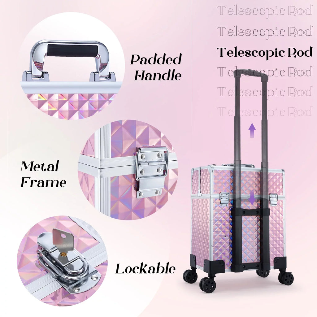 Joligrace Professional Rolling Makeup Case Cosmetic Trolley with Drawers, Pink